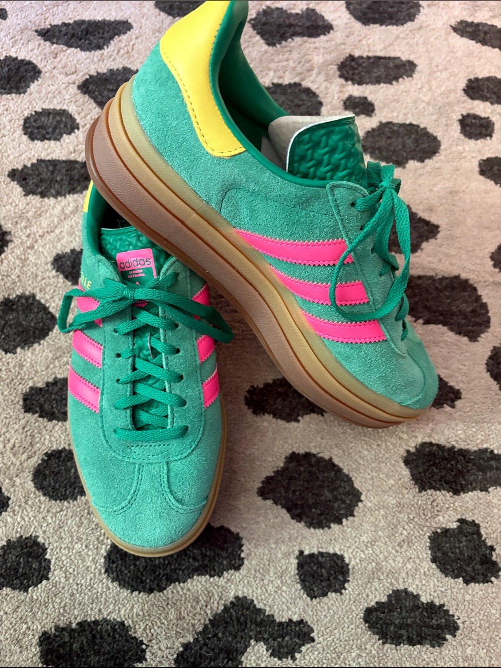 adidas Green Suede Sneakers with Pink Stripes and Yellow Heel Tab